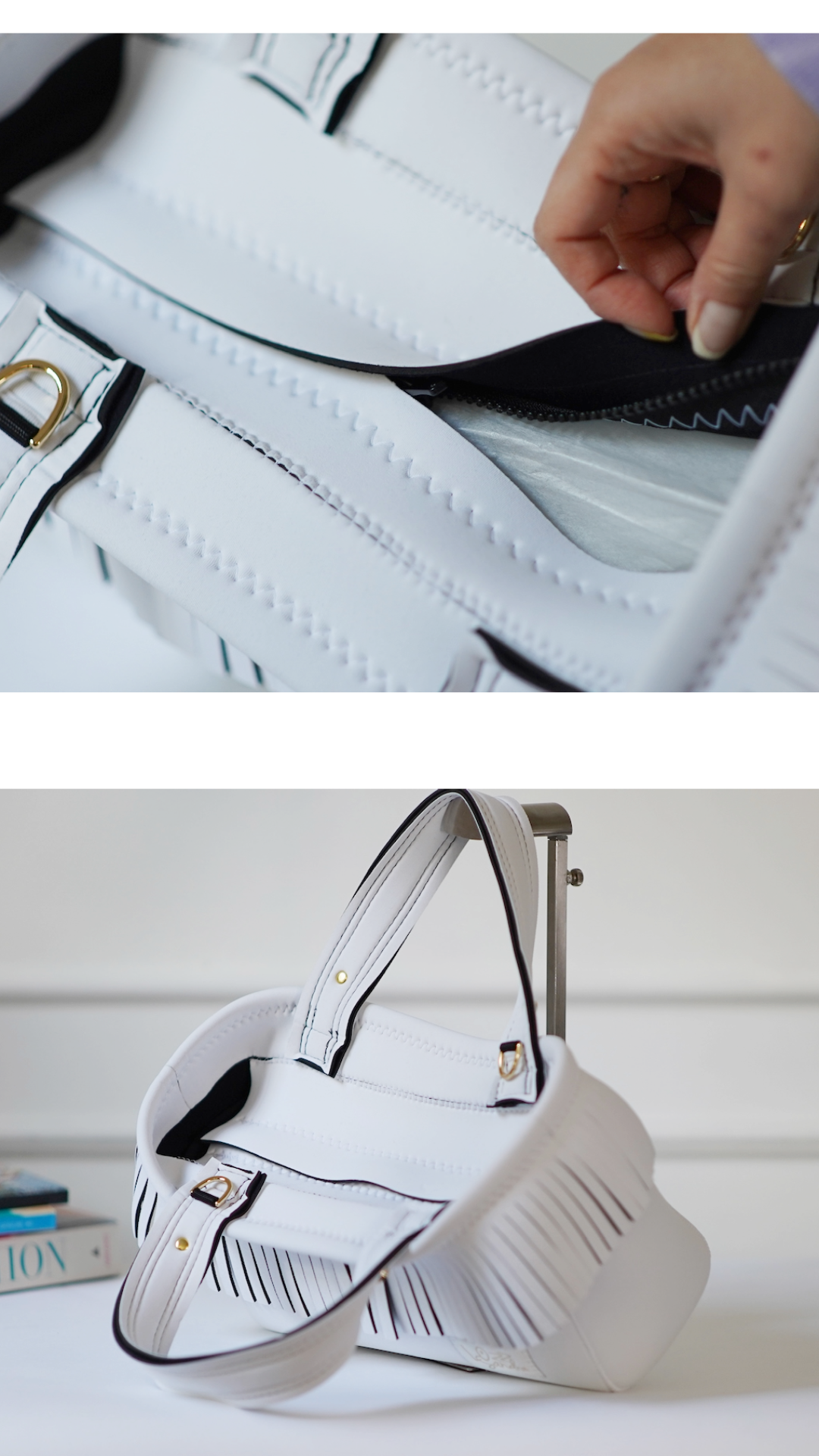 Pre-Order｜Fringe Tote Bag – White / Gold Studs