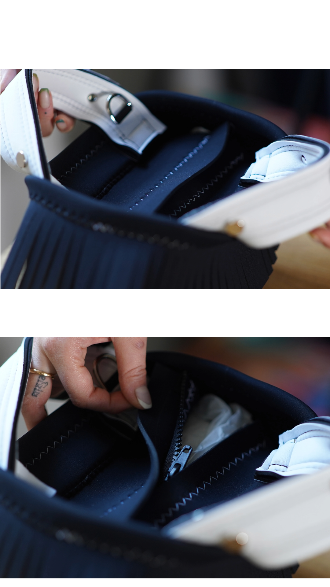 Pre-Order｜Mini Fringe Tote Bag – Black × White Handle / Silver Studs（Pre-Order）