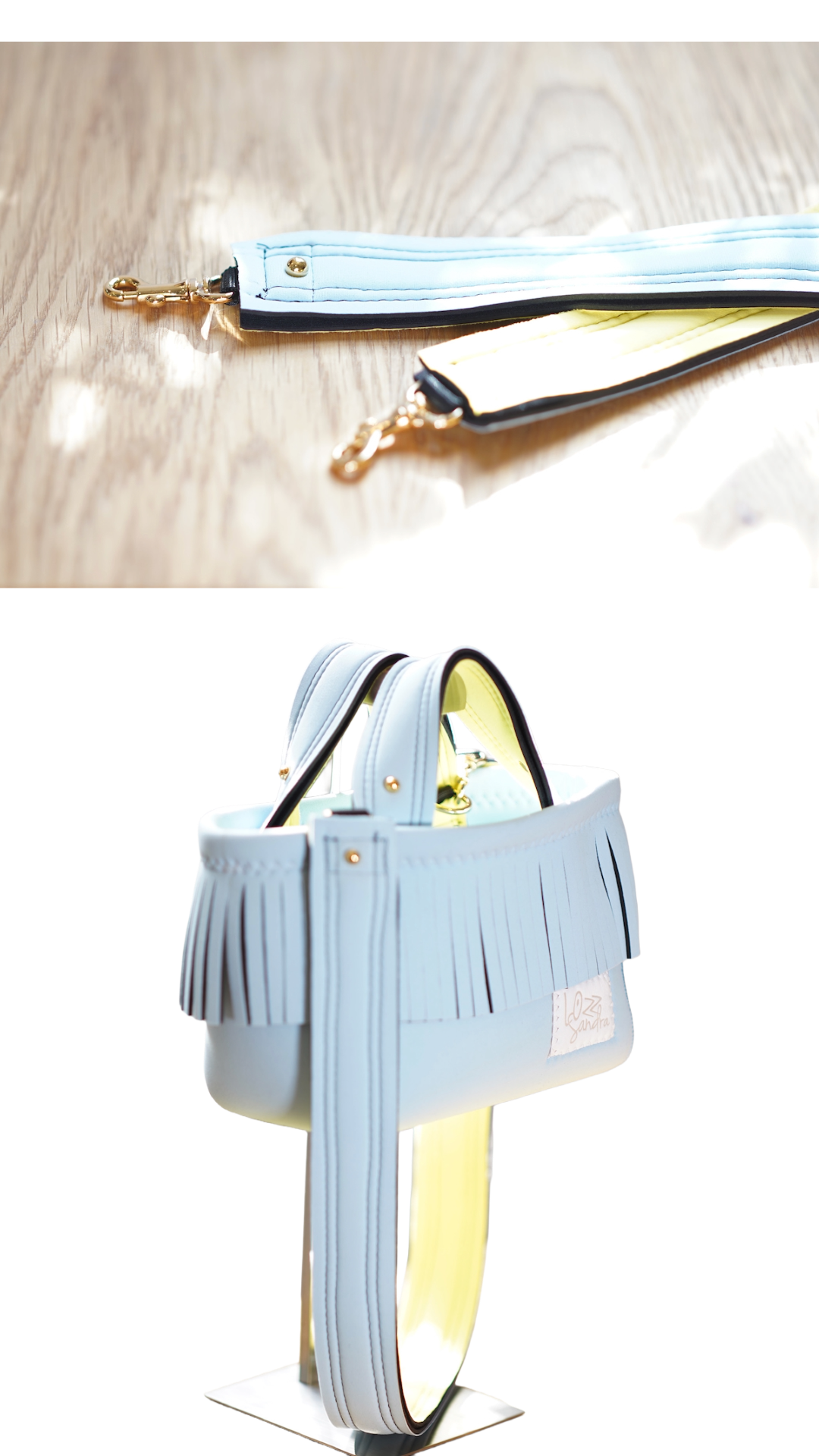 Pre-Order｜Mini Fringe Tote Bag – Light Blue × Yellow Accent / Gold Studs