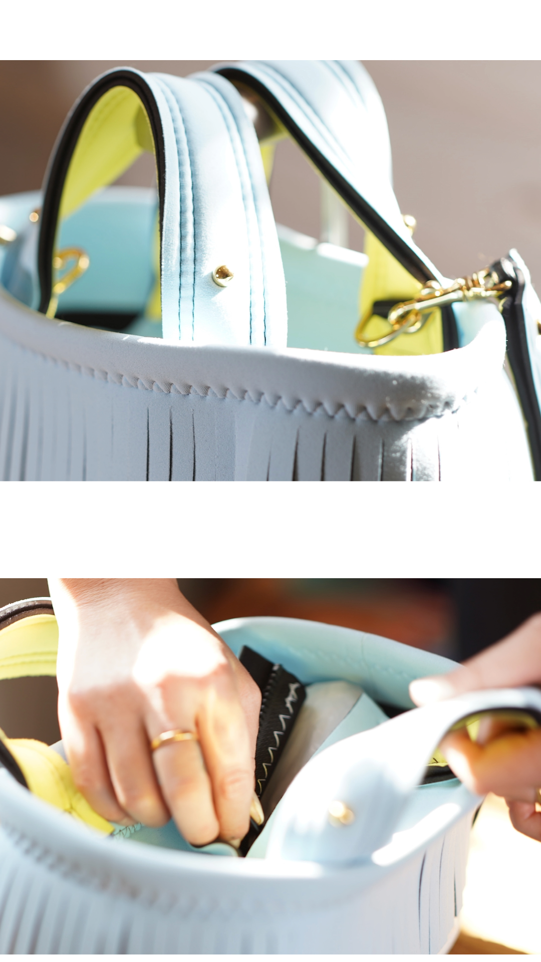 Pre-Order｜Mini Fringe Tote Bag – Light Blue × Yellow Accent / Gold Studs