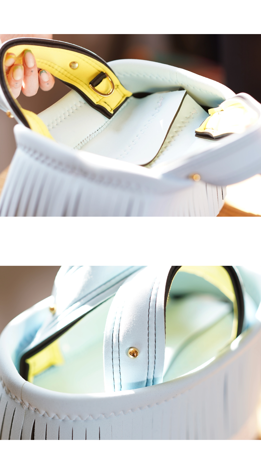 Pre-Order｜Mini Fringe Tote Bag – Light Blue × Yellow Accent / Gold Studs