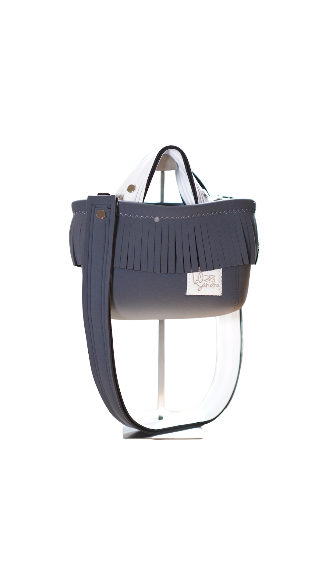 Pre-Order｜Mini Fringe Tote Bag – Charcoal Grey × White Accent / Silver Studs